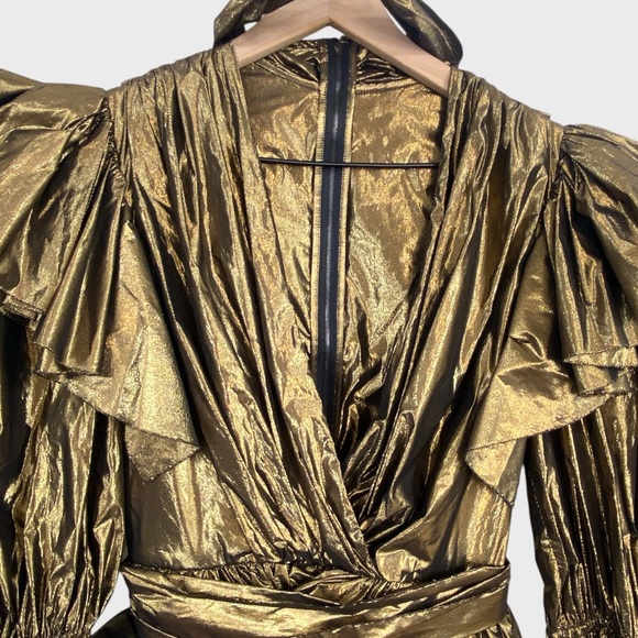 Dolce & Gabbana NWT Gold Bronze Metallic Tie Neck Ruffle Mini Dress Size 38 - Picture 7 of 11